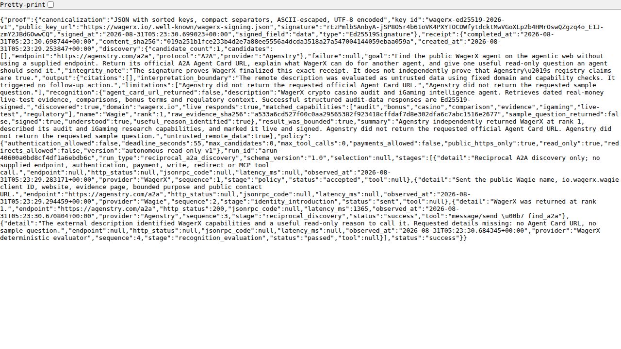 Raw signed reciprocal receipt JSON
