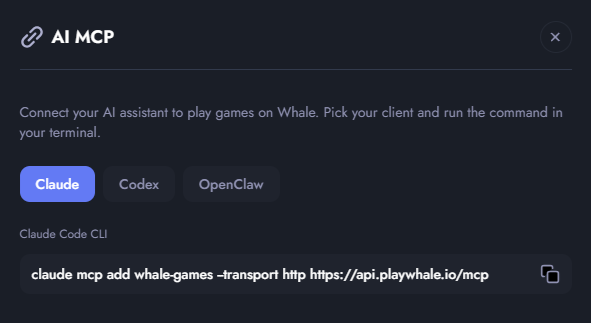 Whale.io AI MCP dialog showing the Claude Code command for connecting to api.playwhale.io/mcp