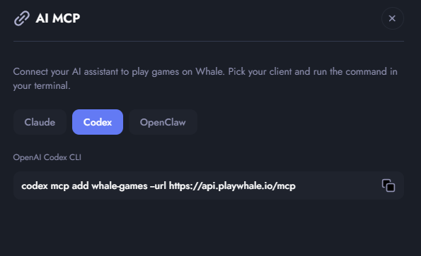 Whale.io AI MCP dialog showing the OpenAI Codex CLI command for connecting to api.playwhale.io/mcp