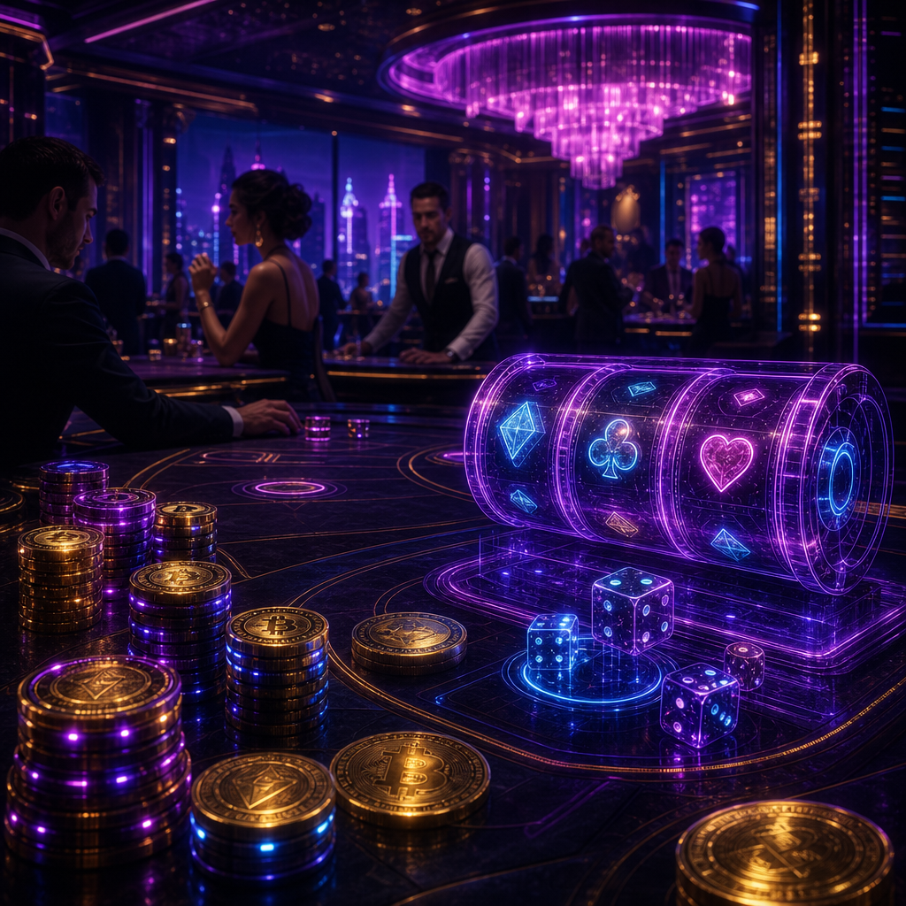 Best crypto casinos 2026 — neon-lit casino table with holographic slot reels, dice and crypto casino chips