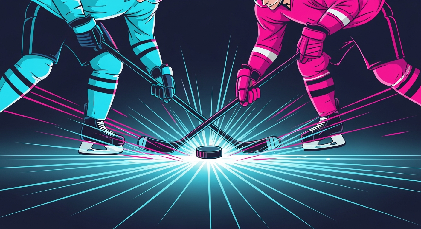 Stylized illustration of a hockey faceoff at centre ice