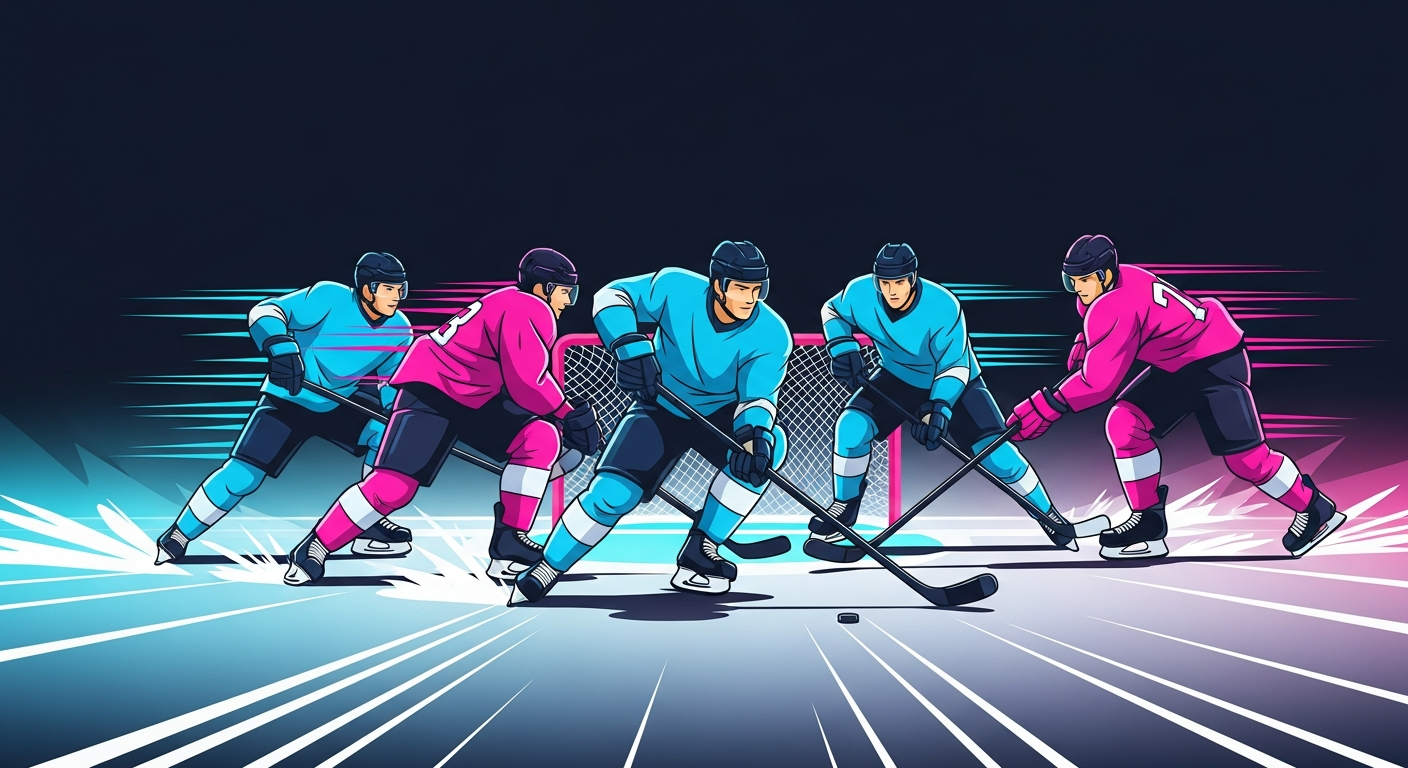 Stylized illustration of a hockey power play, three attackers rushing the goal