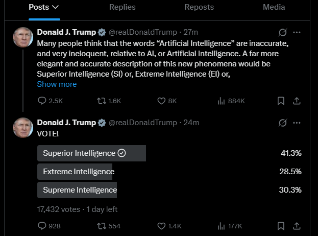 Screenshot of Donald Trump’s X posts and an open poll showing Superior Intelligence at 41.3 percent