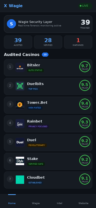 Wagie crypto casino app dashboard showing audited casinos with trust scores on iPhone