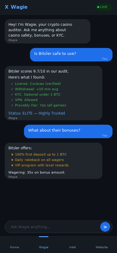 Wagie AI chat — ask about no KYC casinos, fast bitcoin withdrawals, and crypto casino safety